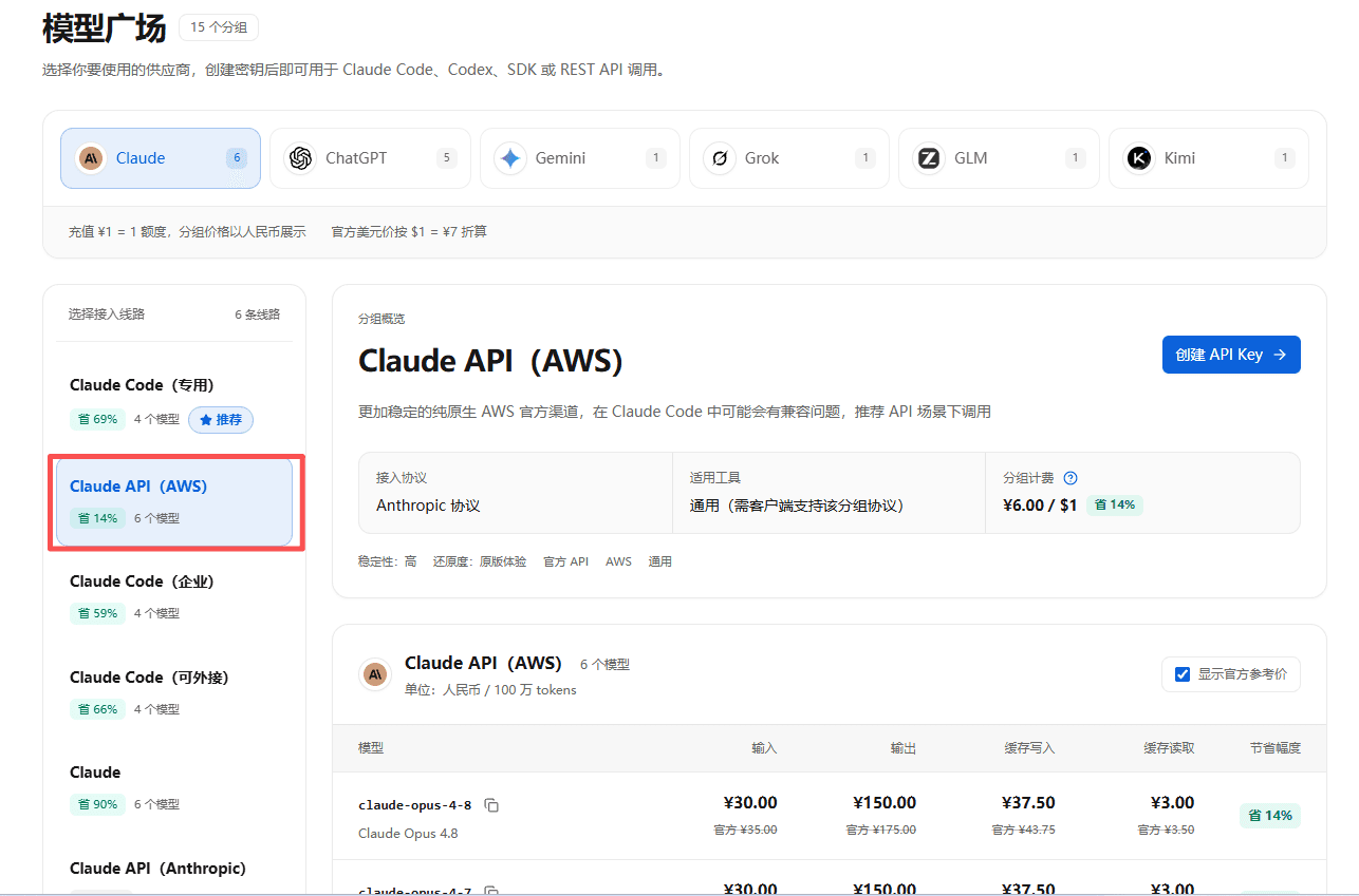 选择 Claude API(AWS)分组